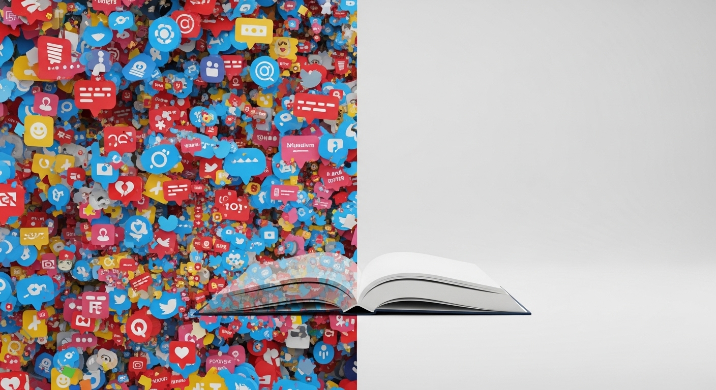 디지털 아이콘으로 가득한 혼란스러운 이미지와 고요하게 펼쳐진 책 이미지가 나란히 대비되며 도파민 디톡스를 상징적으로 보여준다.