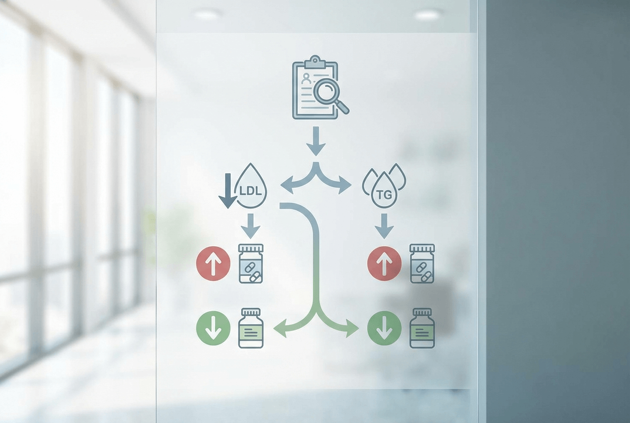 콜레스테롤 검사 결과지에서 LDL과 중성지방을 먼저 확인하고 성분을 고르는 흐름도, 콜레스테롤 성분 비교