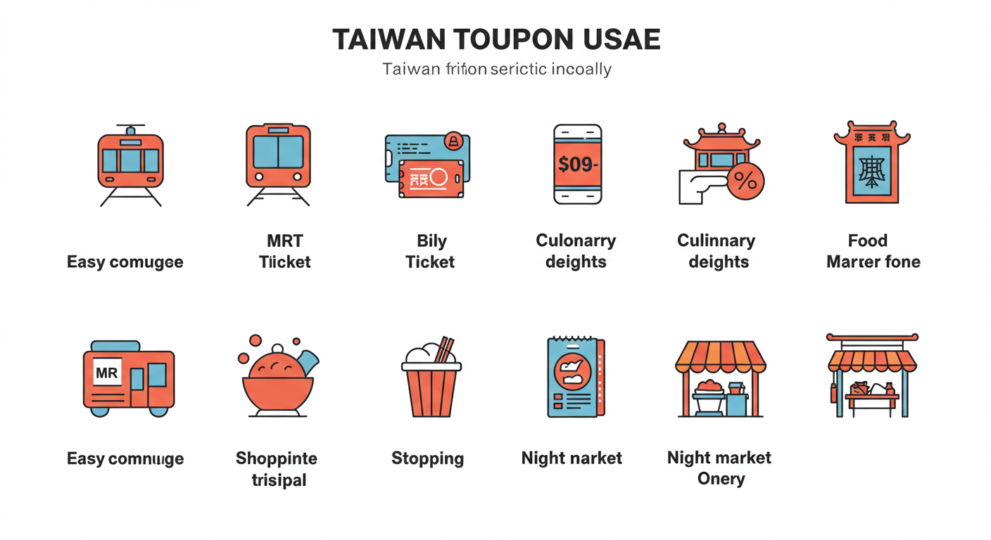 대만 여행지원금 사용 가능한 장소를 영어 아이콘과 함께 보여주는 인포그래픽