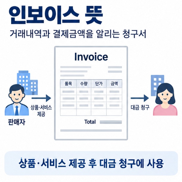 인보이스 뜻이라는 제목과 Invoice 문서, 판매자 구매자, 품목 수량 단가 결제금액을 함께 표현한 대표 비즈니스 이미지