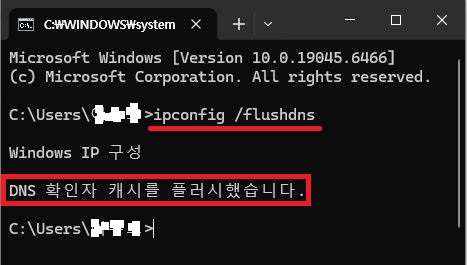 관리자 권한 명령 프롬프트 창에서 ipconfig flushdns 명령어를 입력하여 DNS 캐시를 삭제하는 화면