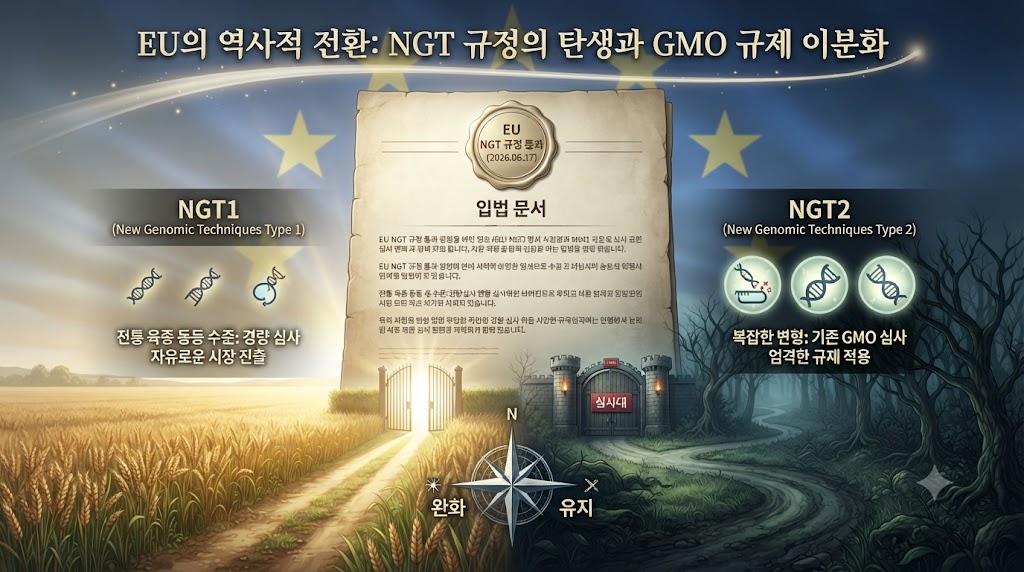 EU가 30년 만에 GMO 규제를 완화한 사건을 시각화한 지정학적 인포그래픽입니다. 이미지 배경에는 유럽연합(EU) 깃발의 노란 별들이 은은하게 깔려 있고, 그 위로 거대한 입법 문서가 펼쳐져 있습니다. 문서 상단에는 'EU NGT 규정 통과 (2026.06.17)'라는 도장이 찍혀 있습니다. 문서 아래로 두 갈래 길이 나뉘는데, 왼쪽 'NGT1' 길은 전통 육종 수준의 간단한 편집을 거친 작물이 기존 심사 없이 자유롭게 시장으로 나가는 밝은 길로, 오른쪽 'NGT2' 길은 복잡한 변형을 거쳐 기존 GMO 심사대로 향하는 어두운 길로 표현되어 EU의 이분법적 규제 변화를 상징합니다. (지정학 일러스트)