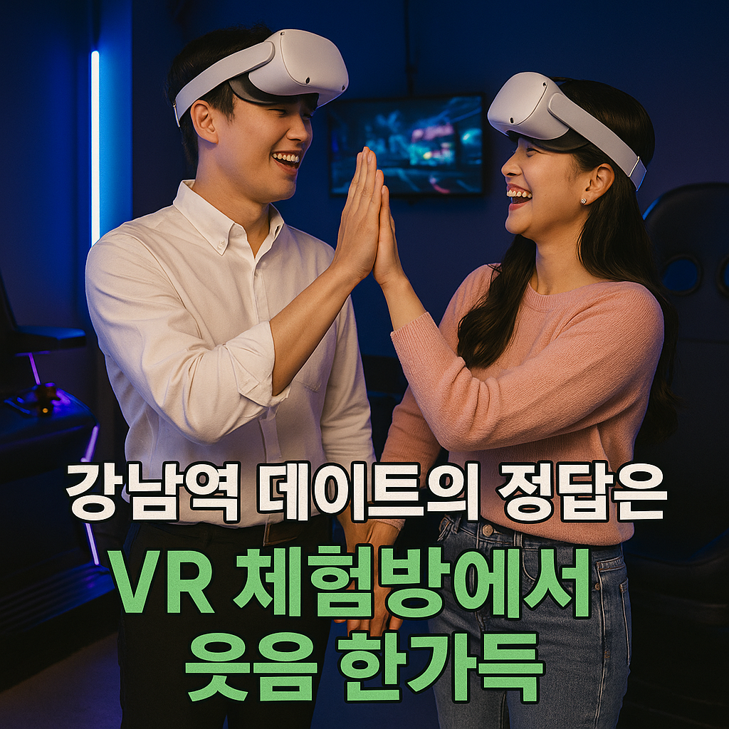 VR 체험방에서 즐겁게 하이파이브하는 한국인 커플