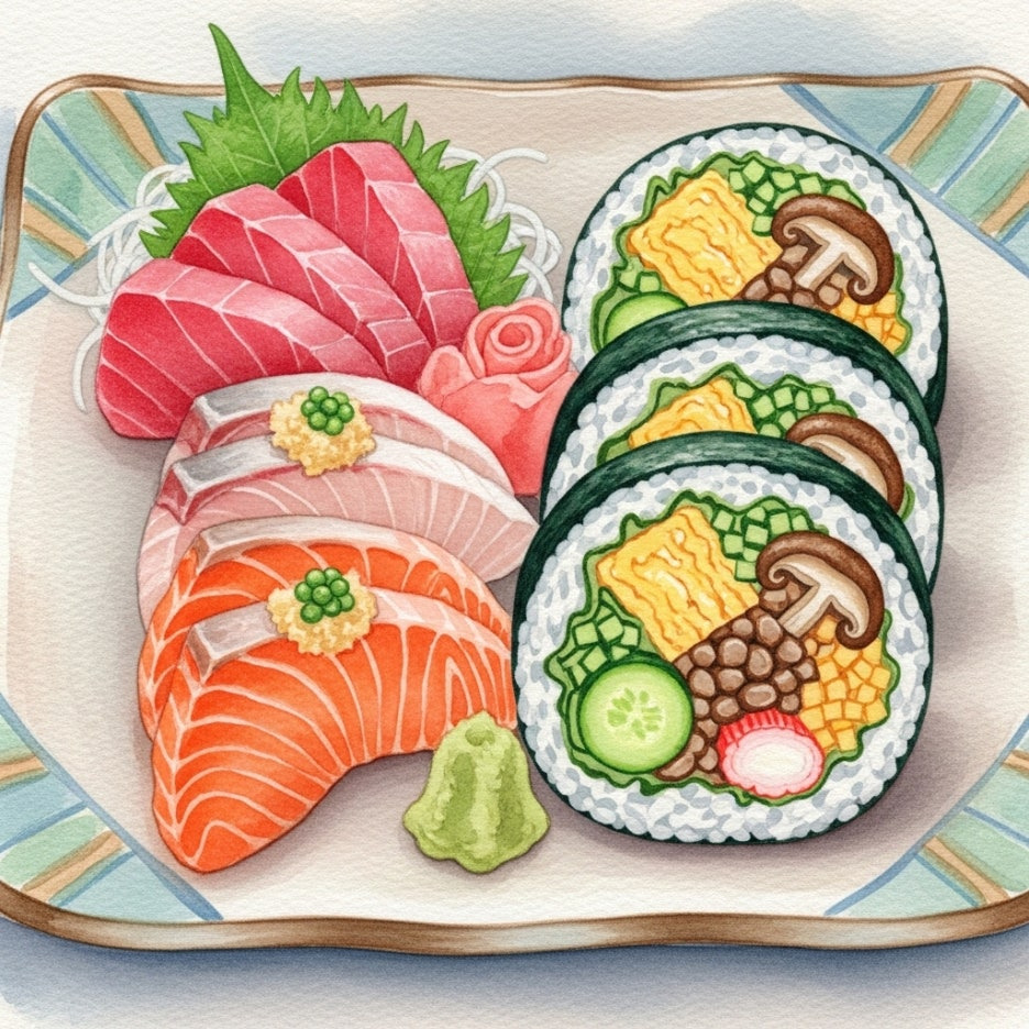 정갈하게 차려진 모듬 사시미와 후토마키 이미지
