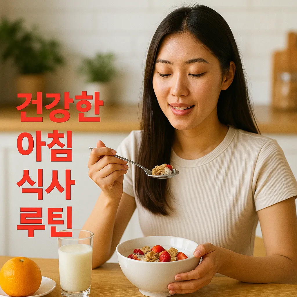건강한 아침 식사 루틴 20대 한국 여성 아침 식사 중