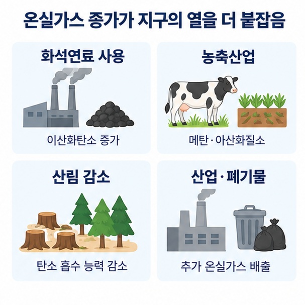 화석연료와 농축산업, 산림 감소, 산업 폐기물이 온실가스를 늘리는 과정을 비교한 이미지