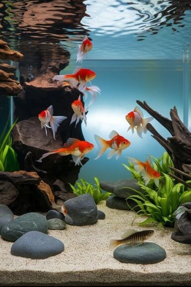커다란-사각-어항에-돌과-모래와-수초가-어우러져있고-금붕어떼가-헤엄치는-모습