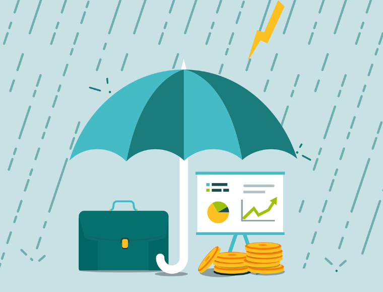 우산 밑에 가방과 돈