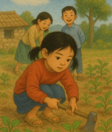 시골 밭에서 모여있는 아이들의 모습