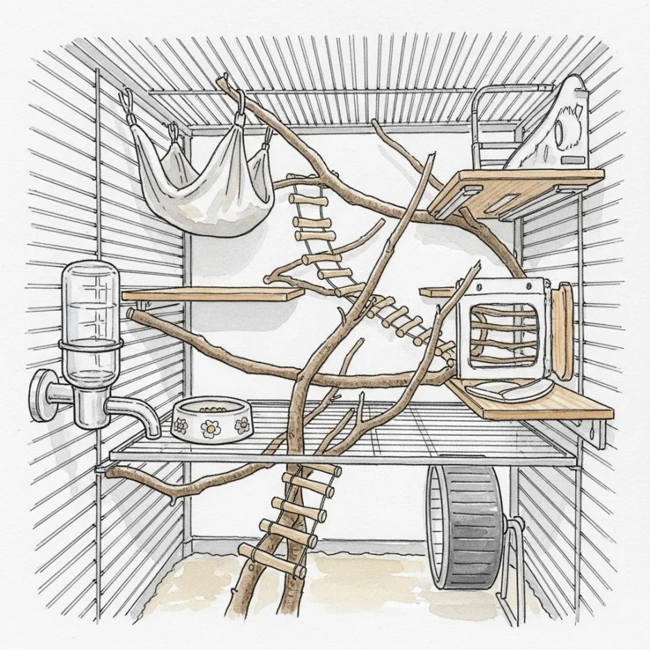 여러 층과 놀이기구가 잘 갖춰진 넓고 안전한 피그미다람쥐 케이지 내부.