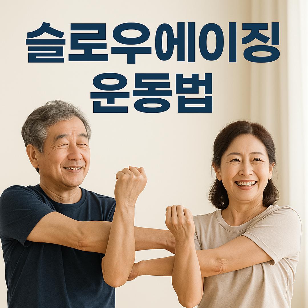 저속노화 운동법과 운동하고 있는 노부부 사진