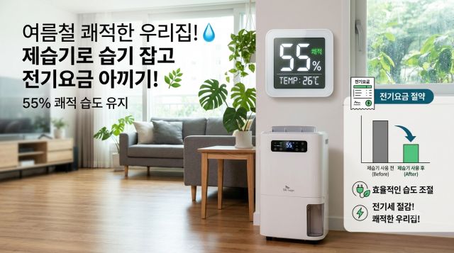 제습기 하루종일 사용 시 전기세와 올바른 습도 설정 방법을 보여주는 이미지