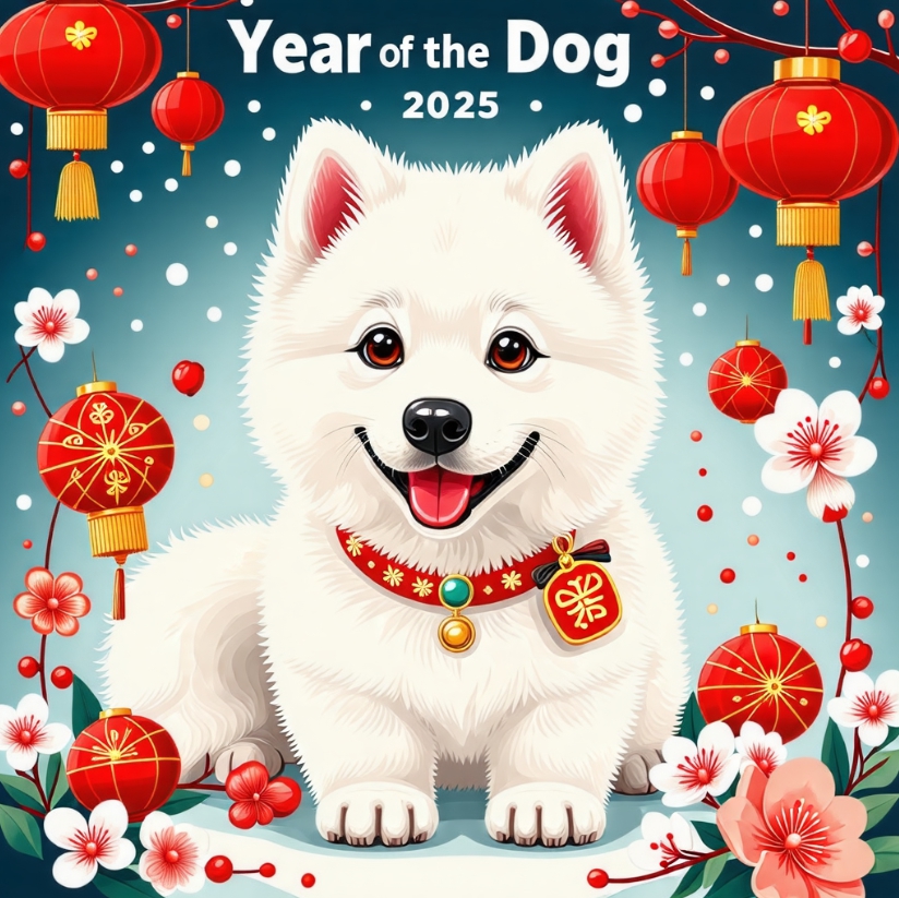 2025년 개띠 운세(재물운, 애정운, 건강운)을 나타내는 개띠 이미지입니다.