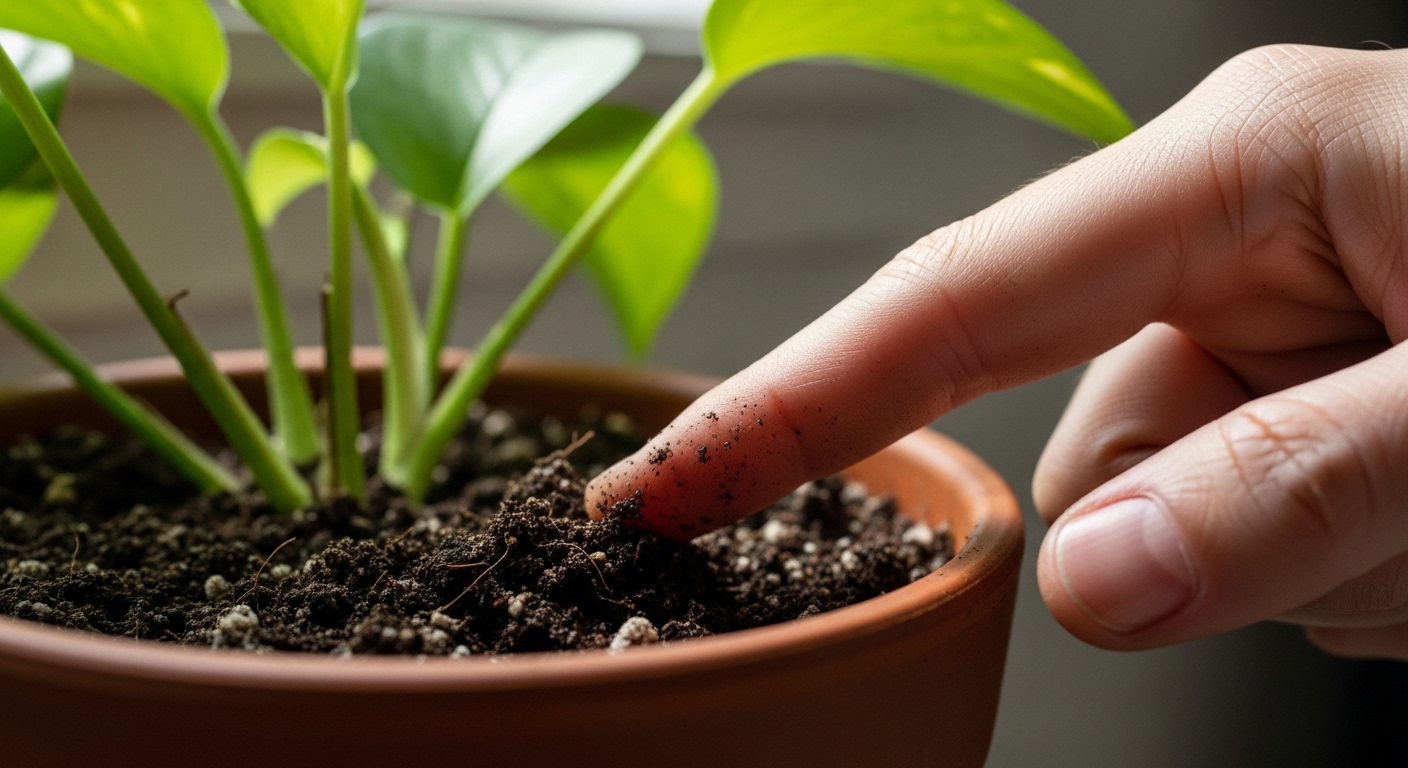 손가락으로 화분 흙의 수분을 확인하는 모습, 홈 가드닝에서 중요한 물 주기 전 흙 상태 점검.