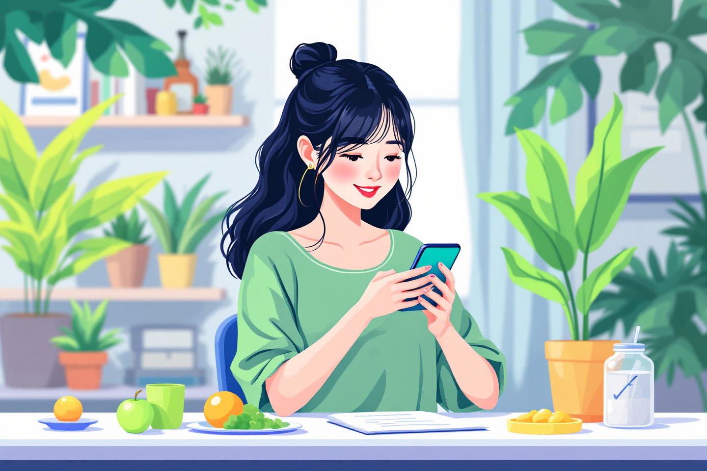 핸드폰으로 신청하는 여성