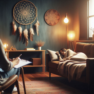 꿈을 기록하는 사람과 편안한 자세로 쉬는 모습입니다.