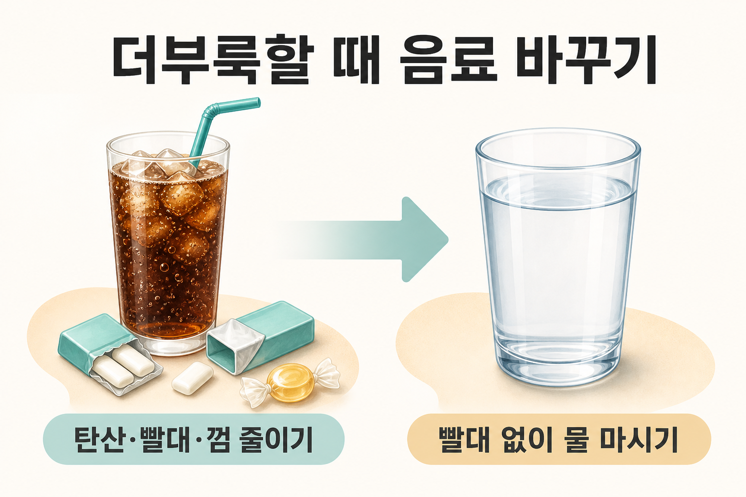 탄산음료·빨대·껌을 줄이고 기포 없는 물로 바꾸는 비교 그림