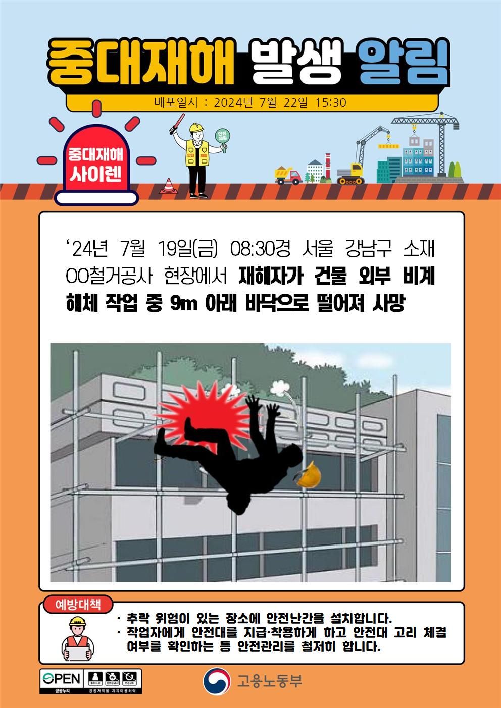 건물 외부 비계해체 작업 중 떨어짐(9m)