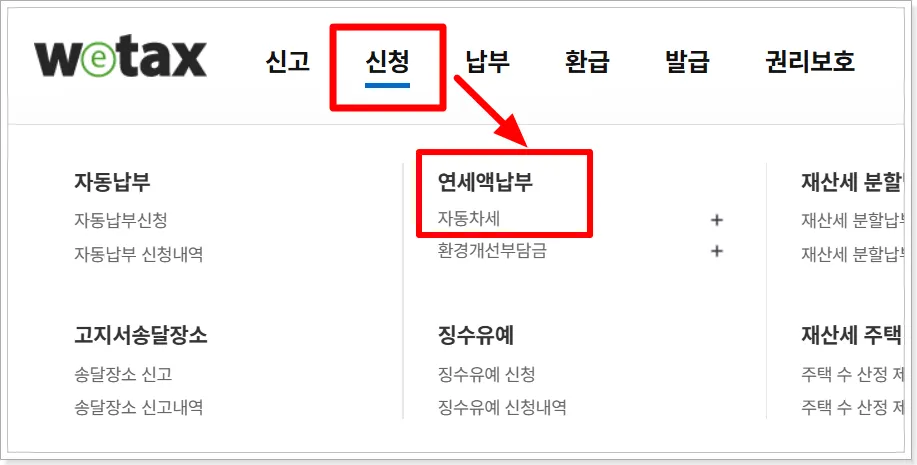 위택스 연납 신청 메뉴 화면, 자동차세 연세액납부 위치 강조
