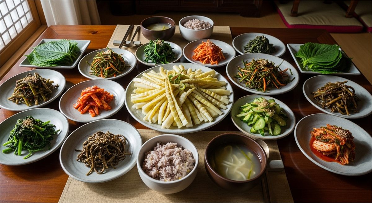 땅두릅 반찬이 포함된 한국형 봄 식탁 전경
