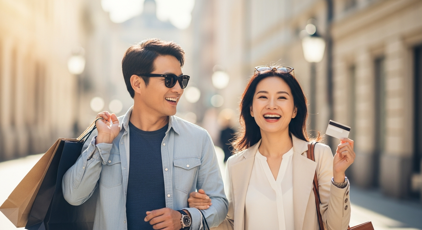 환전 수수료 무료 혜택으로 해외에서 여유롭게 쇼핑하는 중년 부부