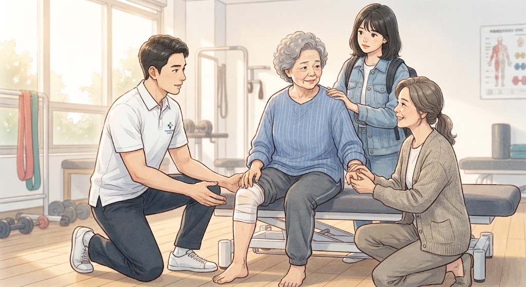 가족들의 도움을 받아 치료를 받는 80대 여성의 모습