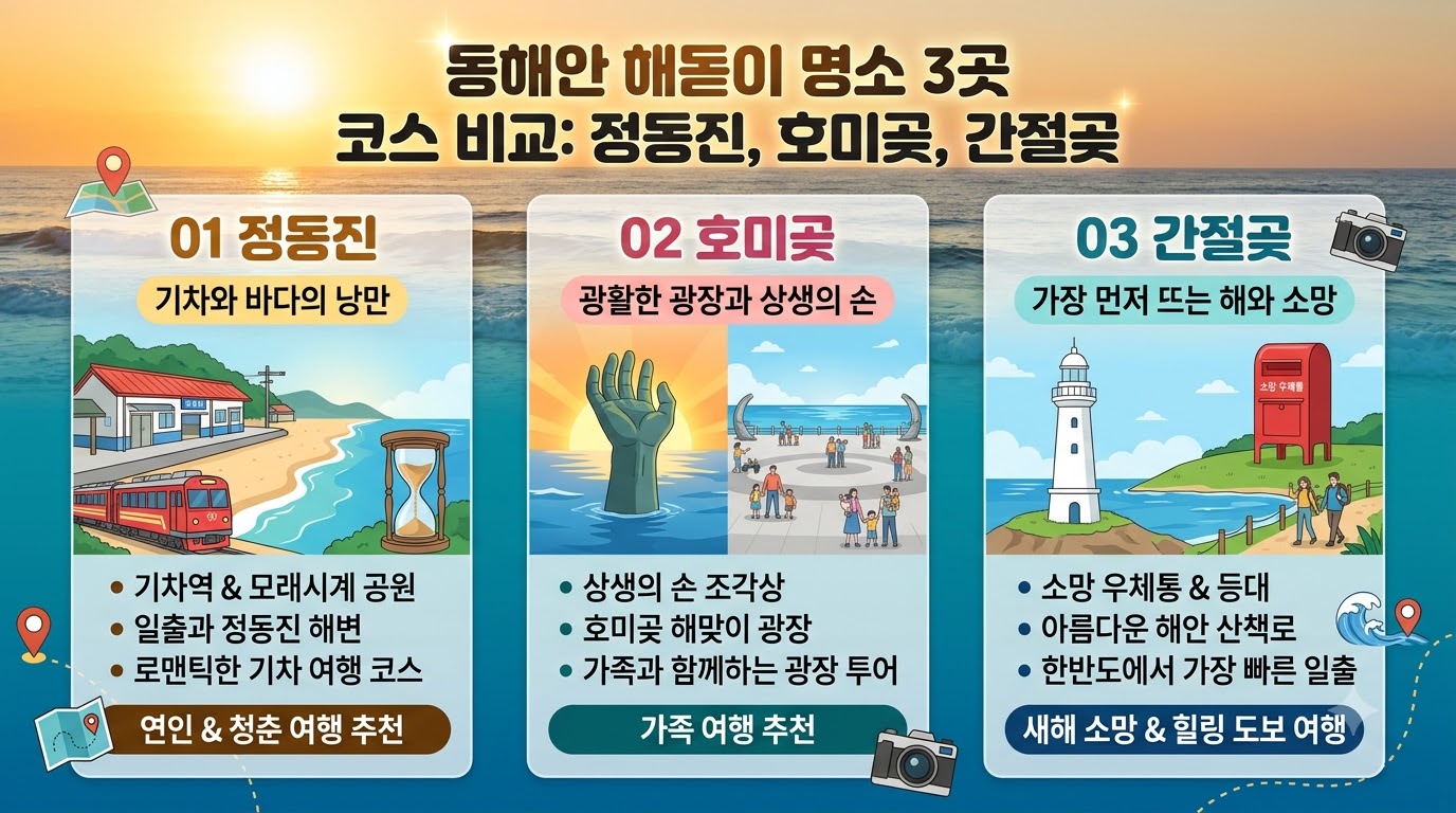 동해안 해돋이 명소 3곳 코스 비교: 정동진, 호미곶, 간절곶
