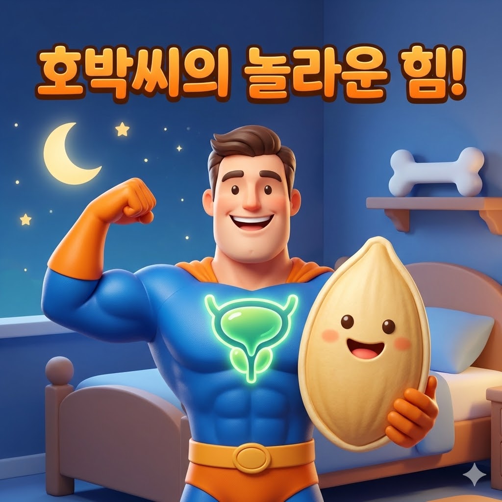 웃는 호박씨를 들고 건강한 모습을 자랑하는 3D 카툰 남자 캐릭터. 전립선과 뼈 건강, 그리고 숙면을 상징하는 귀여운 아이콘들이 주변에 배치되어 호박씨의 다양한 효능을 나타냅니다.