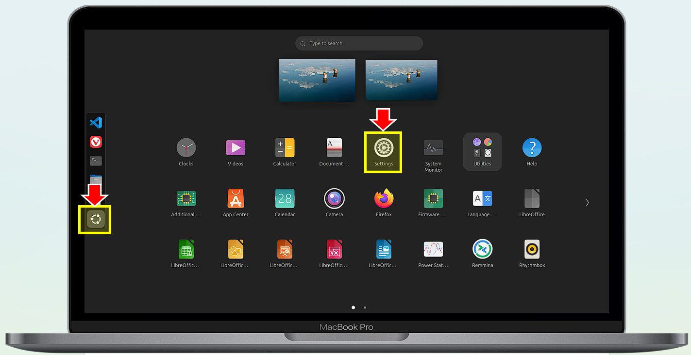 Ubuntu 시작 버튼 선택하고, Settings 프로그램을 클릭합니다.