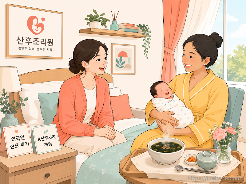 안락하고 세련된 한국식 산후조리원 내부에서 아기를 안고 행복하게 미소 짓고 있는 산모와 코랄 가디건을 입은 디렉터의 모습