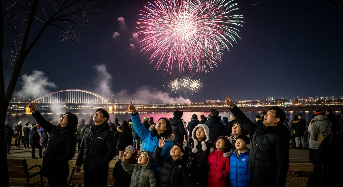 대전 엑스포다리 근처 강변 공원에서 따뜻한 옷차림의 가족과 친구들이 환호하며 불꽃축제를 감상하는 모습, 불꽃의 빛이 사람들의 얼굴에 비쳐 즐거움이 가득하다.