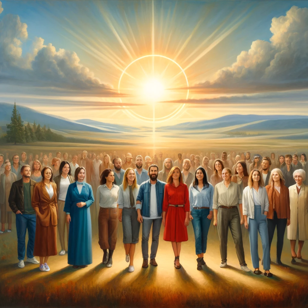 Here is the image depicting a group of contemporary people, reflecting a life of faith. They are looking towards a distant, radiant light, symbolizing hope and the glory of God in a modern setting.