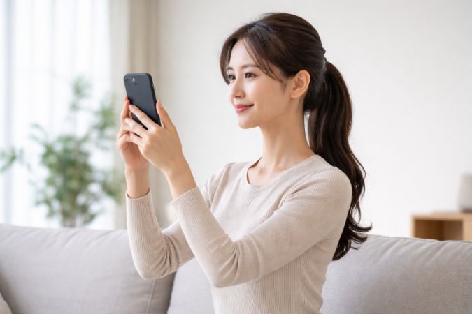 스마트폰을 눈높이에서 사용하는 올바른 자세 예시