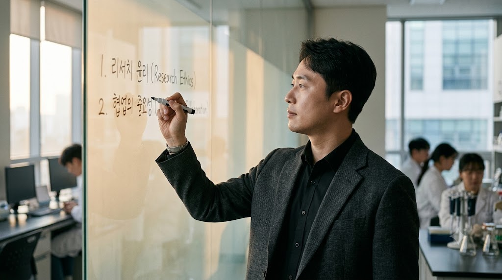 유리 화이트보드에 마커로 원칙 목록을 적는 한국인 연구자의 모습.