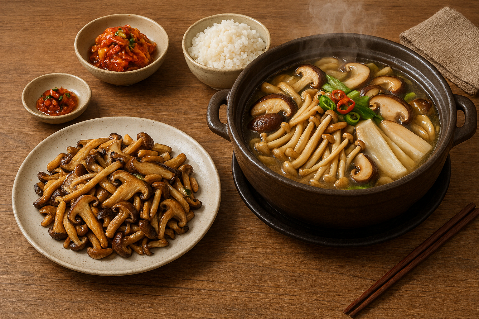 맛있는 버섯 볶음과 김이 나는 따뜻한 버섯 전골 한 상 차림