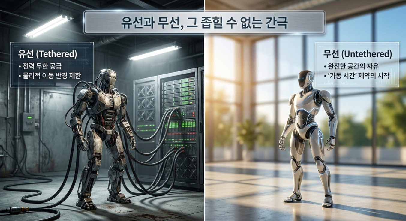 휴머노이드 로봇의 유무선 전원 공급 비교 시각화 이미지(AI 활용 생성 이미지)