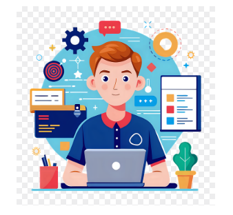 부업의본질적인의미, 한 사람이 책상에 앉아 여러가지 데이터를 떠올리는 모습, 일러스트