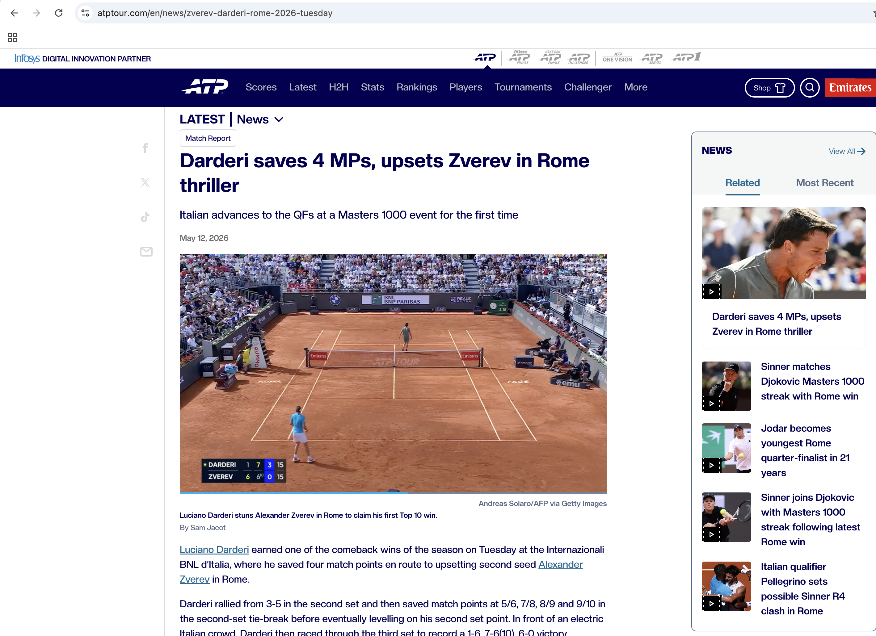 2026년 5월 12일 자 ATP 투어 공식 홈페이지 기사 화면. '다르데리, 4번의 매치 포인트를 세이브하며 로마 스릴러에서 즈베레프에게 역전승(Darderi saves 4 MPs, upsets Zverev in Rome thriller)'이라는 제목이 적혀 있습니다. 기사 메인 사진으로는 클레이 코트에서 경기 중인 알렉산더 즈베레프와 루치아노 다르데리의 뒷모습이 보이며, 화면 좌측 하단 스코어보드에는 다르데리가 3세트 3-0으로 이기고 있는 상황(세트 스코어 1-6, 7-6, 3-0)이 표시되어 있습니다.