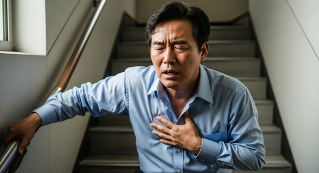 숨을 몰아쉬며 계단에서 쉬는 중년 남성