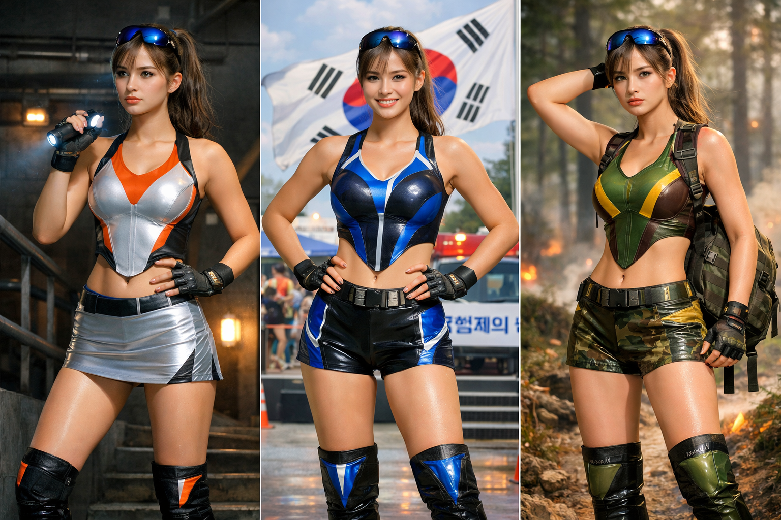 세 개의 프레임에 같은 인물이 각기 다른 의상과 포즈로 등장해, 재난 대비와 행동의 변화를 밝고 역동적인 분위기로 표현한 합성 포스터 이미지.