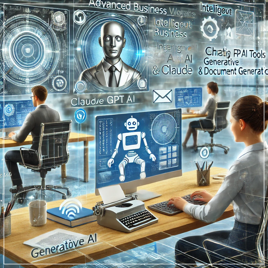 사무 공간에서 직원들이 ChatGPT 및 Claude와 같은 생성형 AI와 통합된 RPA 시스템을 활용하여 이메일 응답, 문서 자동화 작업을 수행 중인 장면