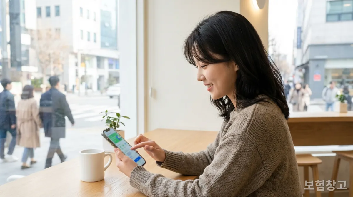 스마트폰 앱으로 간편하게 실손보험을 청구하는 한국 여성