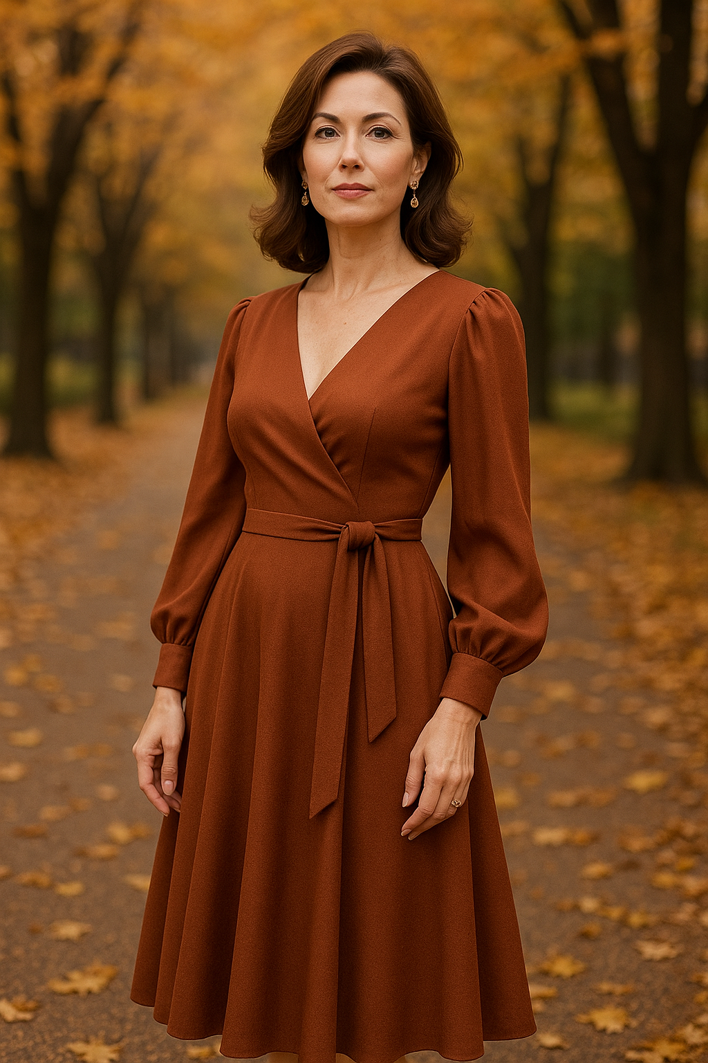 가을에 어울리는 랩 스타일 드레스를 입은 여인