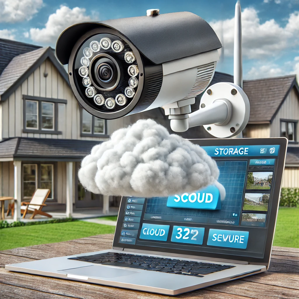 클라우드 기반 저장 기술을 활용하는 보안 카메라&amp;#44; 촬영 영상을 안전한 서버로 업로드하는 장면&amp;#44; 카메라는 교외 주택에 설치되어 있으며&amp;#44; 인근 노트북 화면에 서버 인터페이스가 표시됨&amp;#44; 배경에는 잘 정돈된 정원과 맑은 하늘이 보임