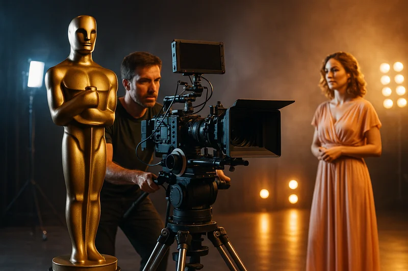 영화 촬영 현장에서 시네마 카메라 리그로 배우를 촬영하는 장면, 현대 촬영 기법을 보여주는 무대 조명 포함