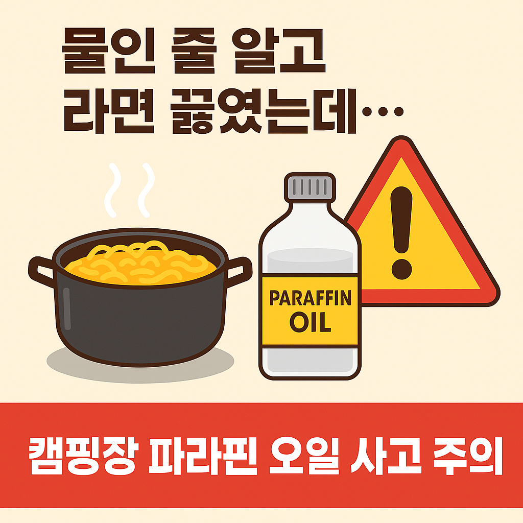 캠핑장에서 파라핀 오일을 물로 착각해 라면을 끓이는 장면을 경고하는 인포그래픽