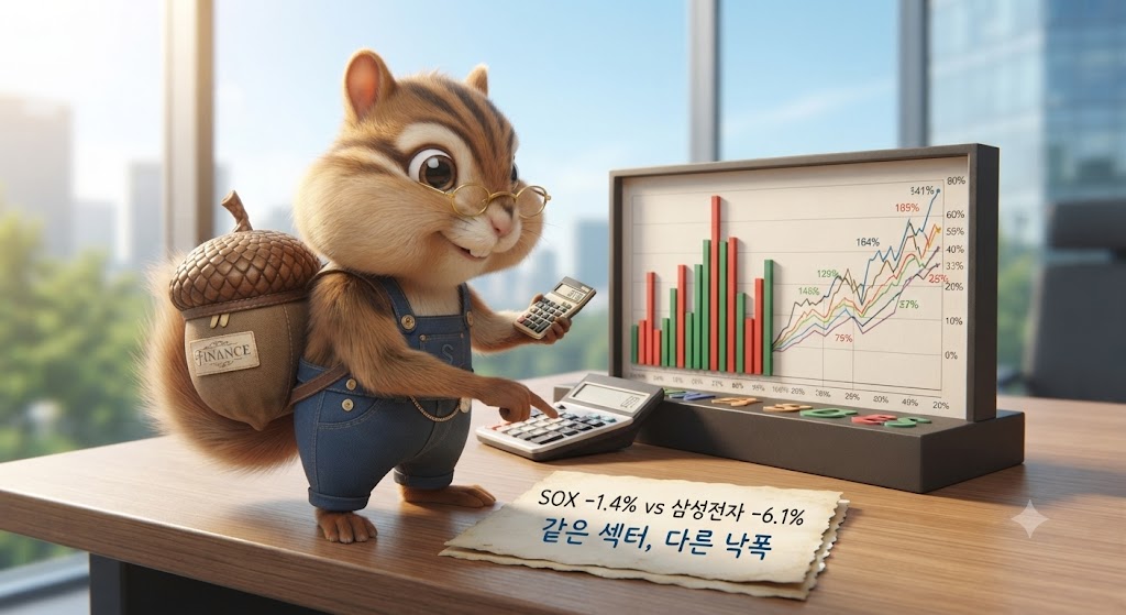 필라델피아반도체지수와 삼성전자 낙폭 비교하는 다람쥐 캐릭터