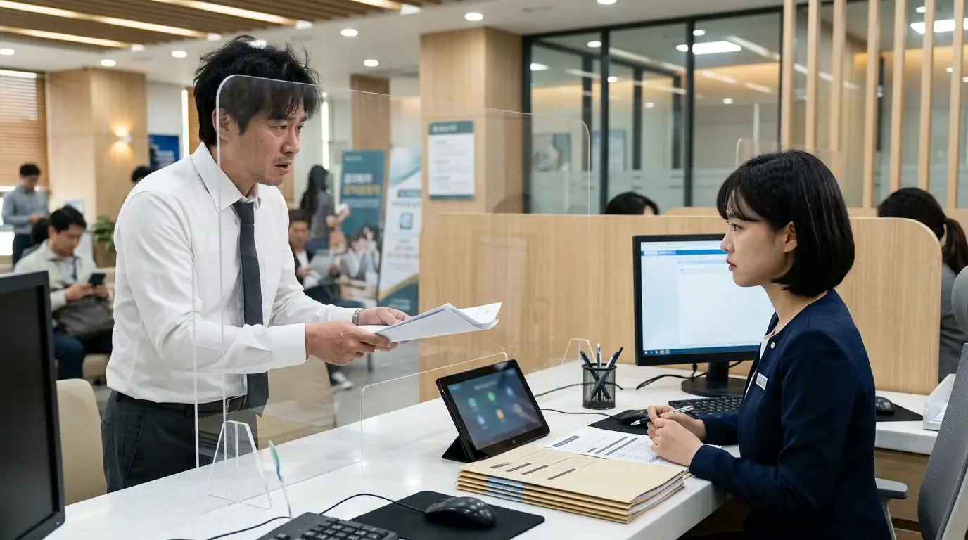 부부 공동 명의 아파트 담보 대출을 단독 명의로 전환하기 위해 은행원을 상담하는 이혼 소송 중인 직장인