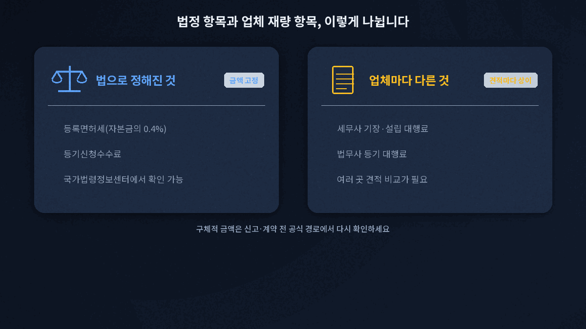 법인 설립 비용 법정 항목과 업체 재량 항목 구분