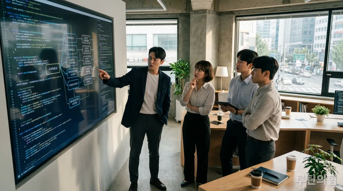 AI 기술과 전통 IT 지식이 공존하는 한국인 IT 전문가들의 회의 모습